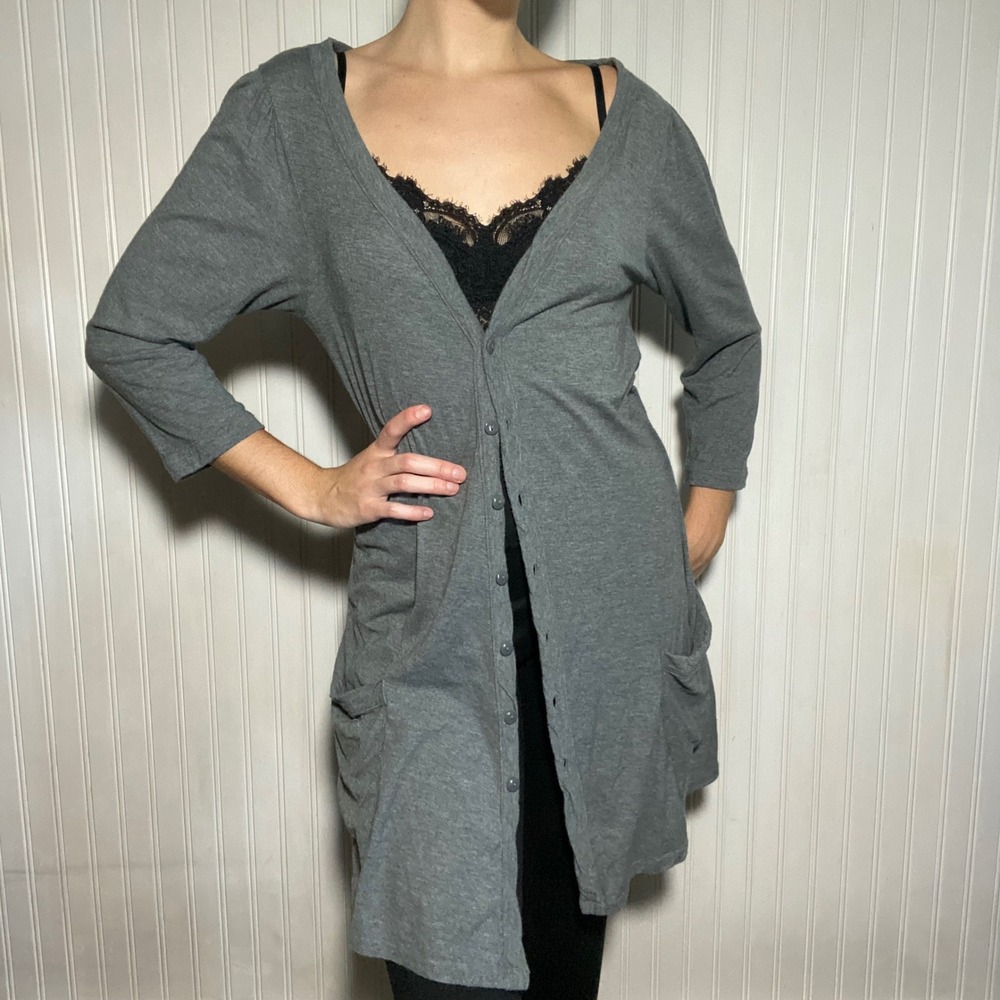 Moda International Cozy Grey Longline Cardigan Slouchy Relaxed Pockets Lounge- L